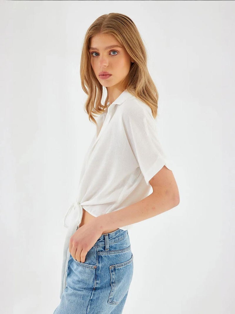 Mixray V-Neck Tie Closure Slim Fit Crop Shirt - Image 2