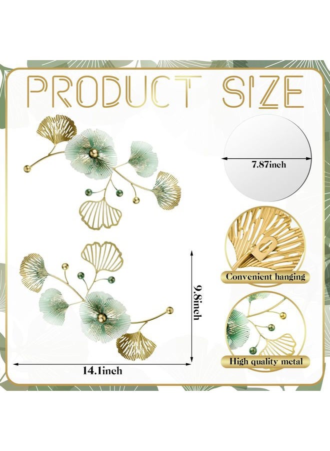 Tandefio 3 Pcs Metal Decorative Wall Mirrors for Living Room Metal Ginkgo Leaf Mirror Modern Creative Wall Decor Art Hanging Decor Mirror for Entrance Bedroom Living Room (Gold Green,16.inches) - Image 2