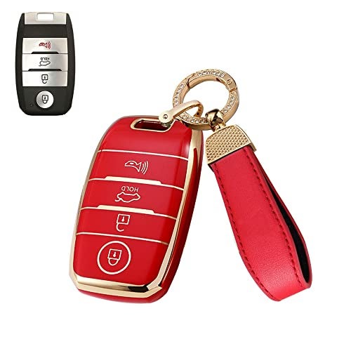 SANRILY 4 Button Golden-Edge Smart Key Fob Cover for Kia Seltos Sorento Optima 2017 2018 Key Keyless Full Coverd Key Case Shell with Bling Leather Keychain Red - Image 1