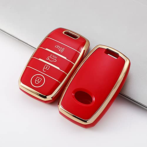 SANRILY 4 Button Golden-Edge Smart Key Fob Cover for Kia Seltos Sorento Optima 2017 2018 Key Keyless Full Coverd Key Case Shell with Bling Leather Keychain Red - Image 3