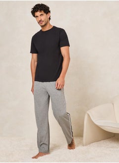 Styli Solid T-Shirt & Open Hem Piping Detail Pyjama Set  - Image 1