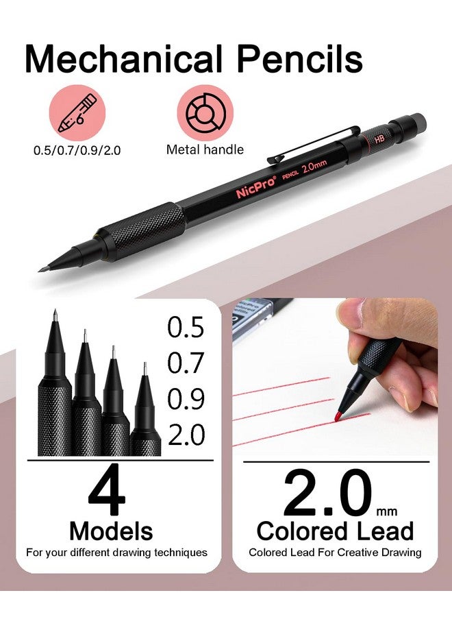 Nicpro 27Pcs Art Mechanical Pencil Set In Case, Metal Drafting Pencil 0.5, 0.7, 0.9 Mm & 2Mm With 13 Tube Lead Refills(4B 2B Hb 2H 4H Colors) Weatherproof Barrel For Outdoor Writing Drawing Sketching - Image 5