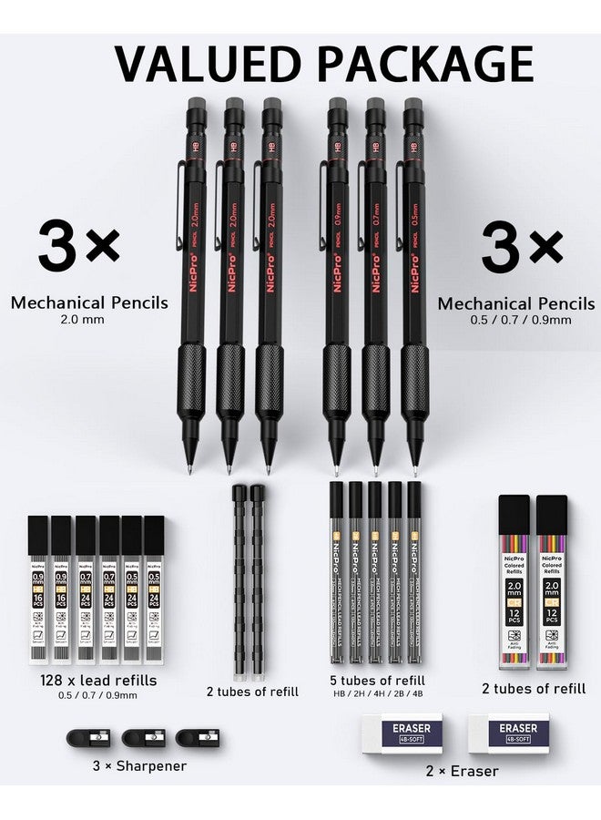 Nicpro 27Pcs Art Mechanical Pencil Set In Case, Metal Drafting Pencil 0.5, 0.7, 0.9 Mm & 2Mm With 13 Tube Lead Refills(4B 2B Hb 2H 4H Colors) Weatherproof Barrel For Outdoor Writing Drawing Sketching - Image 2