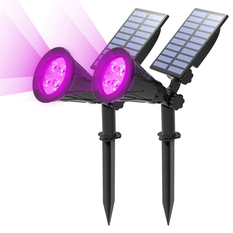 T-SUN [2 Pack] LED Solar Spotlights, Waterproof Outdoor Security Landscape Lamps, Auto-on/Auto-Off by Day, 180 Angle Adjustable for Tree, Patio, Yard, Garden, Driveway, Stairs, Pool Area(Purple) - Image 1
