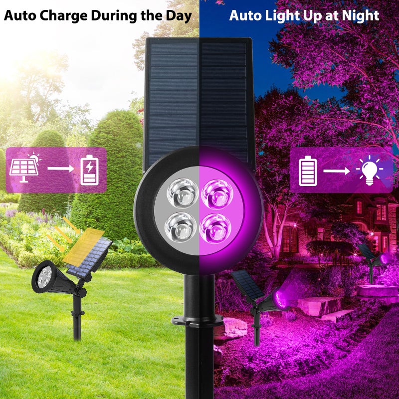 T-SUN [2 Pack] LED Solar Spotlights, Waterproof Outdoor Security Landscape Lamps, Auto-on/Auto-Off by Day, 180 Angle Adjustable for Tree, Patio, Yard, Garden, Driveway, Stairs, Pool Area(Purple) - Image 2