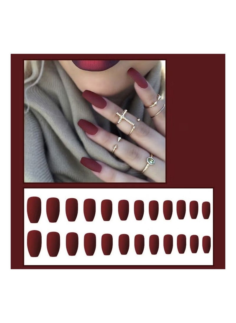 ORiTi 24 Piece Ballerina Pure Color Matte Coffin Nails Set Light wine red - Image 1