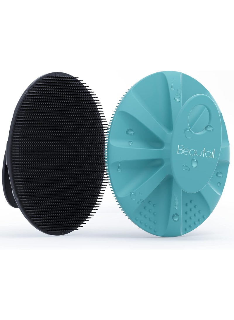 BEAUTAIL Silicone Body Scrubber 2 Pack Shower Bath Wash Brush Gentle Exfoliating Scrub Cleansing Loofah for Women Men Baby Sensitive Skin, Easy to Clean, Lather Nicely, More Hygienic, Black+Cyan 