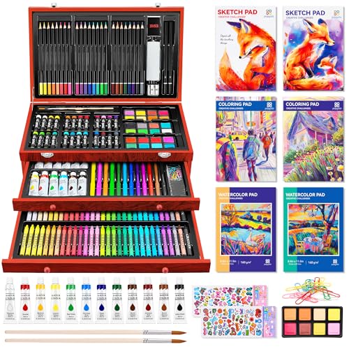 POPYOLA Art Supplies, 269 Piece Deluxe Art Set with 6 Drawing Pads, Watercolor Paints, Crayons, Colored Pencils Set in Wooden Case, Creative Gifts for Artists Adults Kids - Image 1