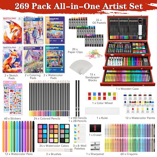 POPYOLA Art Supplies, 269 Piece Deluxe Art Set with 6 Drawing Pads, Watercolor Paints, Crayons, Colored Pencils Set in Wooden Case, Creative Gifts for Artists Adults Kids - Image 3