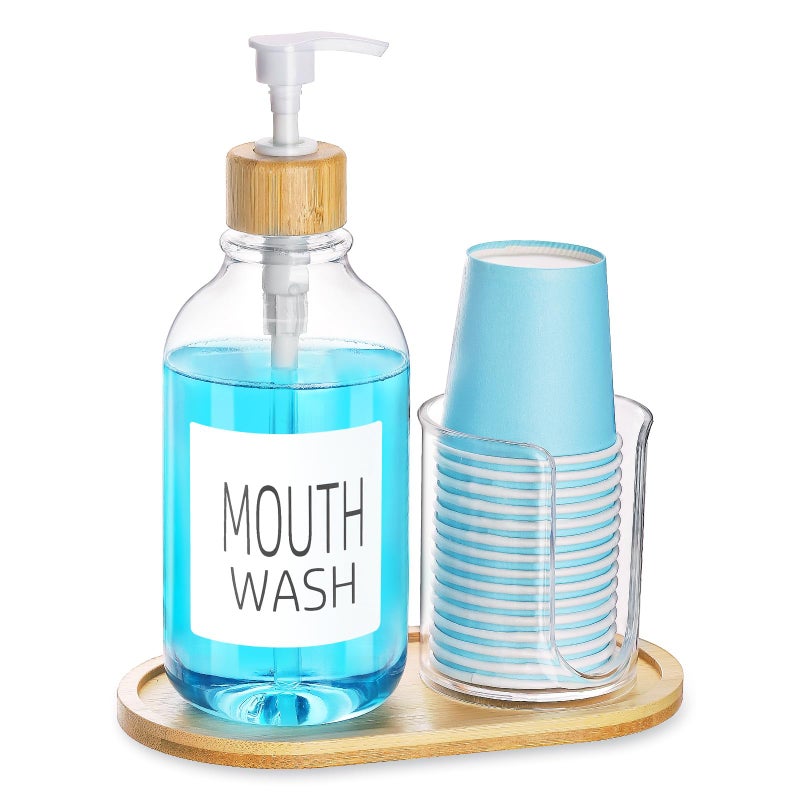 Mouthwash Dispenser with Cup Holder Plastic Mouth Wash Pump Bottle with Tray for Bathroom Organizers 17oz Refillable Clear Mouthwash Container  Bamboo