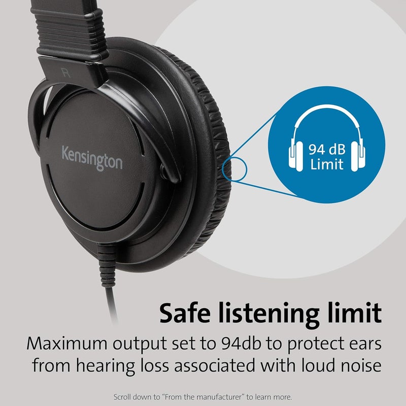 Kensington سماعات كينجستون USB HiFi فوق الأذن مع كابل بطول 6 أقدام للأطفال والبالغين والمدرسة مع رأس قابل للتعديل مبطن K97600WW أسود - Image 5