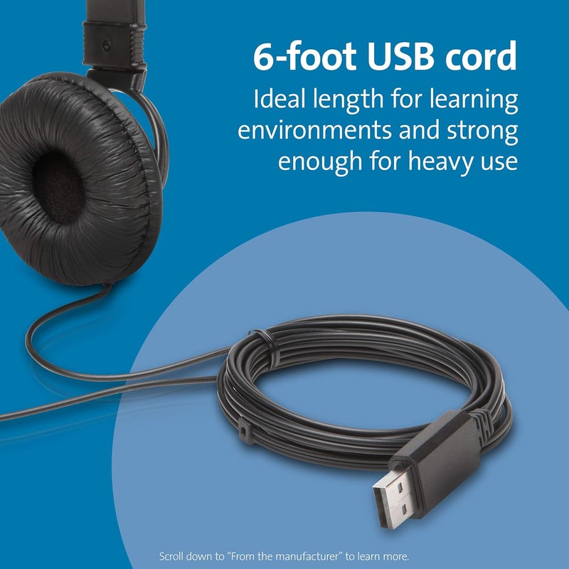 Kensington سماعات كينجستون USB HiFi فوق الأذن مع كابل بطول 6 أقدام للأطفال والبالغين والمدرسة مع رأس قابل للتعديل مبطن K97600WW أسود - Image 4