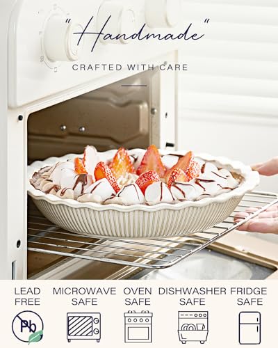 getstar Ceramic Pie Pan Set of 2, 9 inch Pie Dish for Baking, Non-Stick, Oven & Dishwasher Safe, Farmhouse Decor Quiche Baking Dish, Pie Plate, Deep Dish Pie Pan (Embossed Stripes+Dots) - Image 5