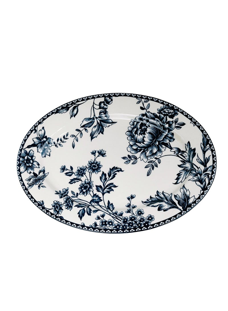 Claytan Rhapsody 14.2-Inch Dark Blue Floral Pattern Ceramic Oval Platter, White (Set of 1) - Image 2
