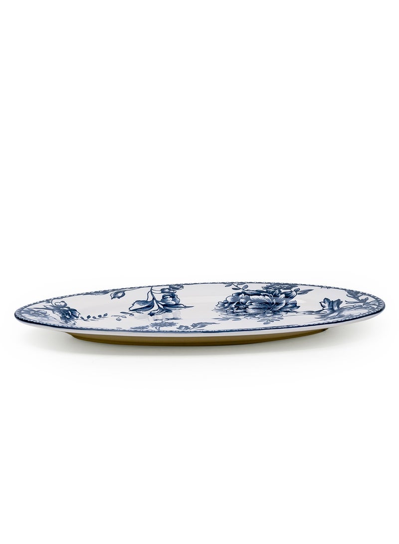 Claytan Rhapsody 14.2-Inch Dark Blue Floral Pattern Ceramic Oval Platter, White (Set of 1) - Image 1