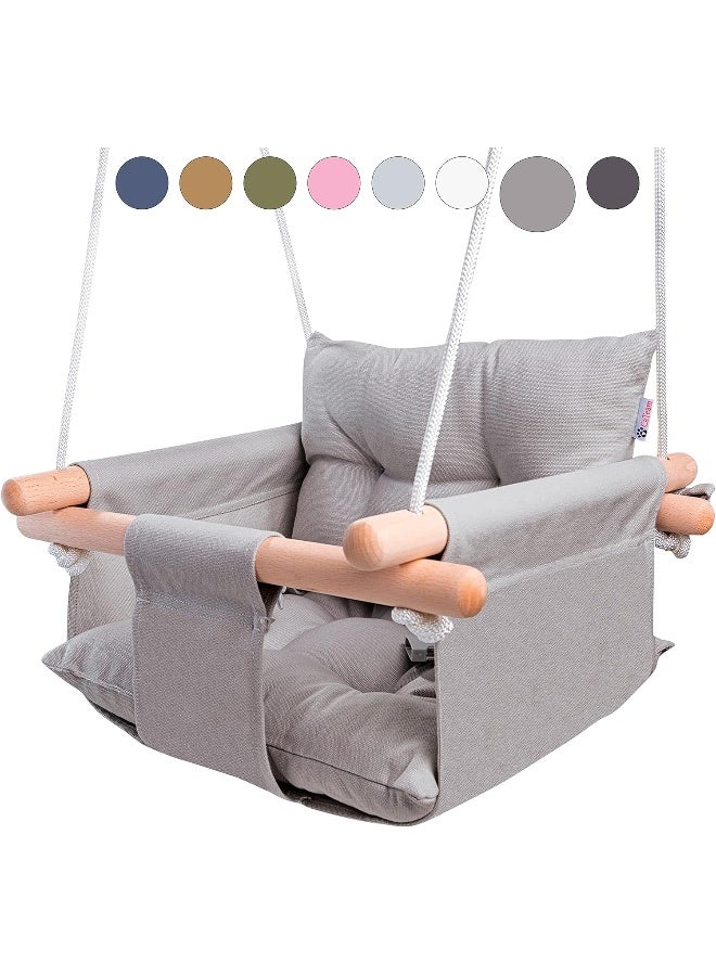 CaTeam - Canvas Baby Swing, Wooden Hanging Swing Seat Chair with Safety Belt, Durable Baby Hammock Chair, Outdoor and Indoor Swing for Kids, Mounting Hardware Included, Taupe Gray - Image 1