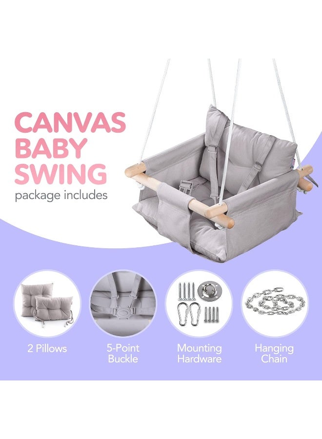 CaTeam - Canvas Baby Swing, Wooden Hanging Swing Seat Chair with Safety Belt, Durable Baby Hammock Chair, Outdoor and Indoor Swing for Kids, Mounting Hardware Included, Taupe Gray - Image 3