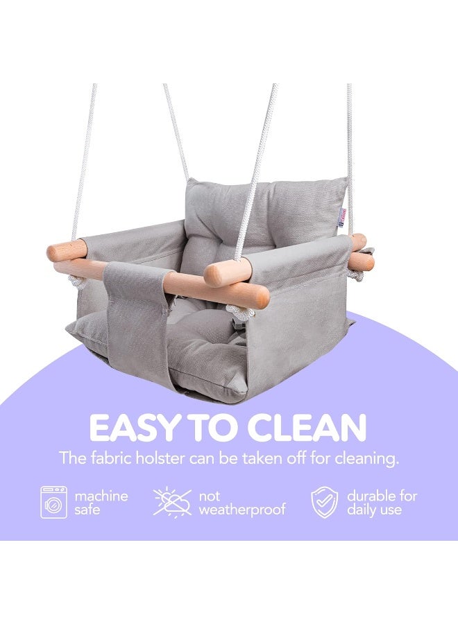 CaTeam - Canvas Baby Swing, Wooden Hanging Swing Seat Chair with Safety Belt, Durable Baby Hammock Chair, Outdoor and Indoor Swing for Kids, Mounting Hardware Included, Taupe Gray - Image 5