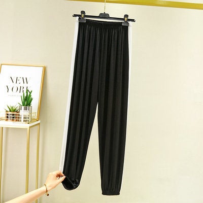 2020 Summer thin modal outerwear wholesale long sleeve home large size loose contrast color white edge V-neck long sleeve T-shirt Black Ankle Pants