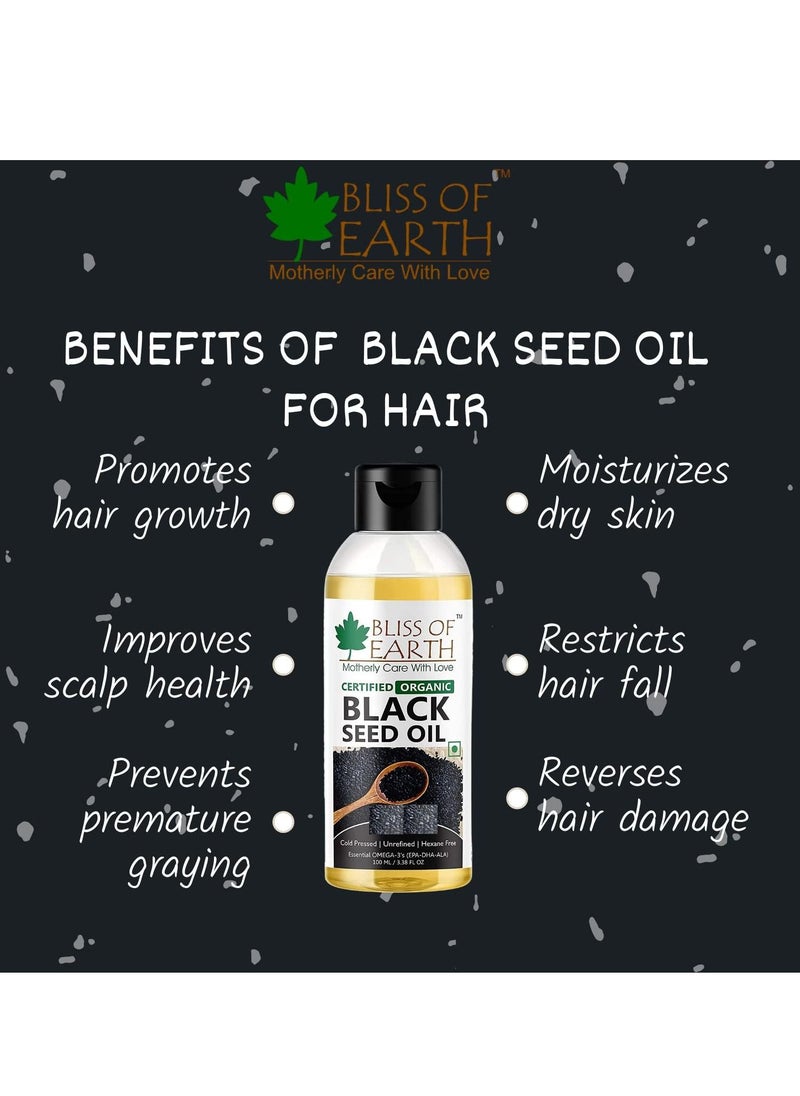 BLISS OF EARTH - Certified Organic Black Seed Oil | Kalonji Oil | 100ML | Great For Hair Health | Cold Pressed | Unrefined | Hexane Free | - Image 1