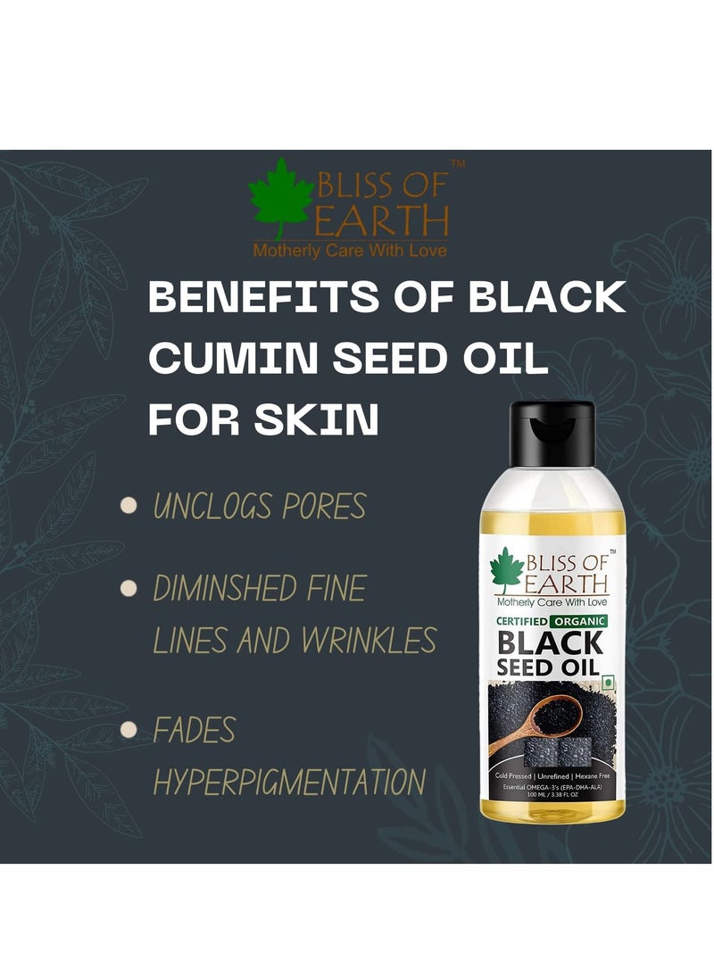 BLISS OF EARTH - Certified Organic Black Seed Oil | Kalonji Oil | 100ML | Great For Hair Health | Cold Pressed | Unrefined | Hexane Free | - Image 1