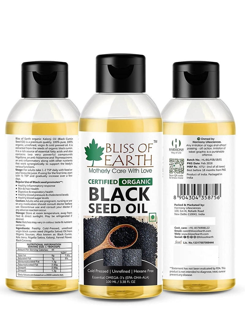 BLISS OF EARTH - Certified Organic Black Seed Oil | Kalonji Oil | 100ML | Great For Hair Health | Cold Pressed | Unrefined | Hexane Free | - Image 1