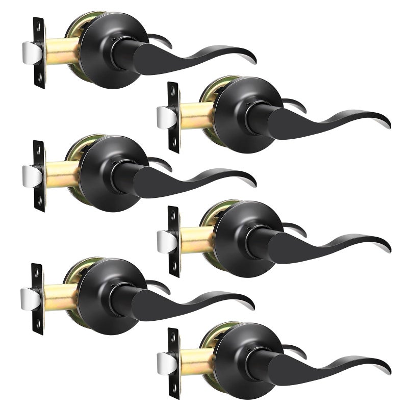 GOBEKOR 6 Pack Passage Lever Door Handle Matte Black Stainless Steel Closet Door Handles Keyless Reversible Door Levers