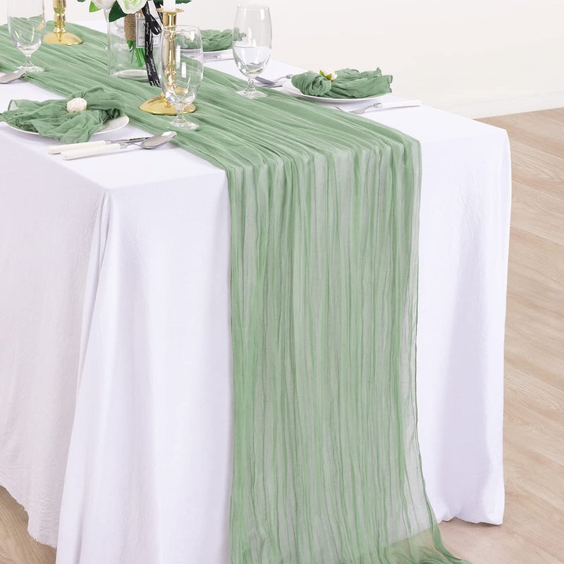 DeZerlor 4 Pack Christmas Table Runner Sage Green Cheesecloth Table Runner Boho Gauze Table Runner 120 inches Long Winter Table Decor for Wedding Baby Shower Xmas Party Decorations - Image 4