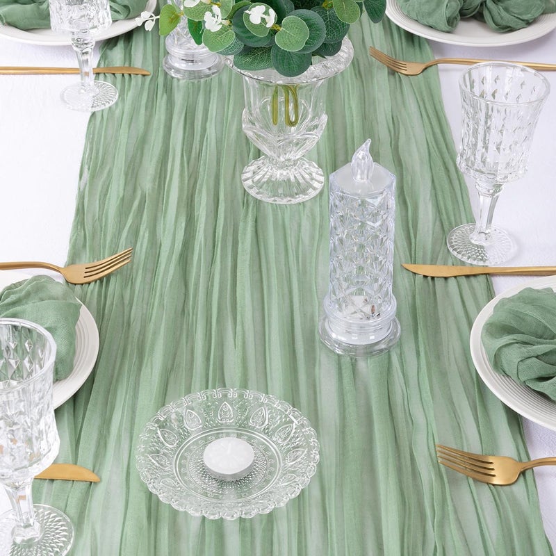 DeZerlor 4 Pack Christmas Table Runner Sage Green Cheesecloth Table Runner Boho Gauze Table Runner 120 inches Long Winter Table Decor for Wedding Baby Shower Xmas Party Decorations - Image 3