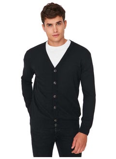 trendyol Black Slim Fit Cotton V Neck Buttoned Cardigan TMNAW21HI0274  - Image 1