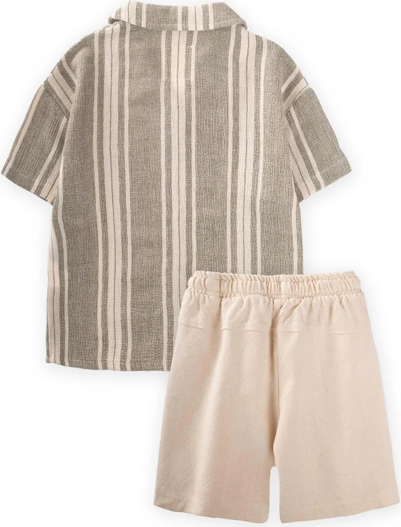 Cigit Striped Linen Hawaiian Shirt Set 2-10 Years Green Striped
