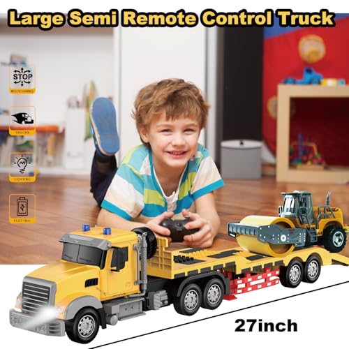 CALEST Remote Control Semi Truck with Trailer 24 Inch RC SemiTrailer Engineering Tractor with Road Roller Toys124 Truck with LED Lights Music Great Gift for Boys Girls - Image 5