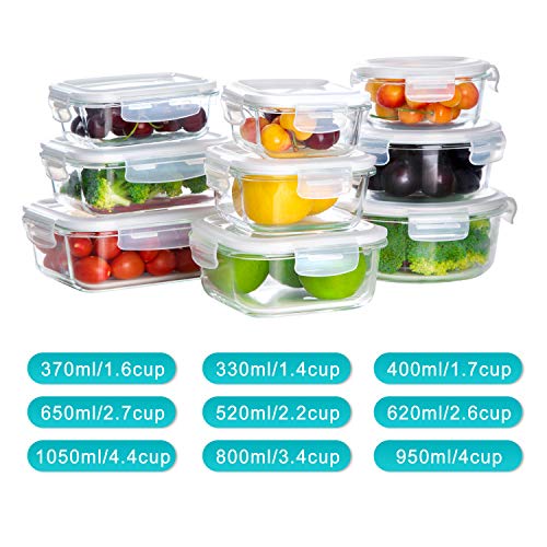 BAYCO Glass Storage Containers with Lids, 9 Sets, Meal Prep Airtight Food Storage Containers for Food Storage with Lids - BPA-Free & Leak Proof - Image 3