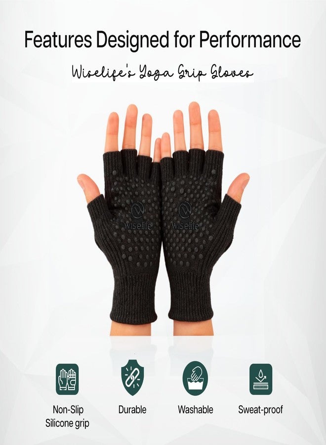 Wiselife Yoga Grip Gloves - Non-Slip Gloves for Yoga, Pilates & Exercise Black Anti-Skid Fitness for Men & Women - Breathable, Stretch Fit with Silicone Grip for Stability - Image 2