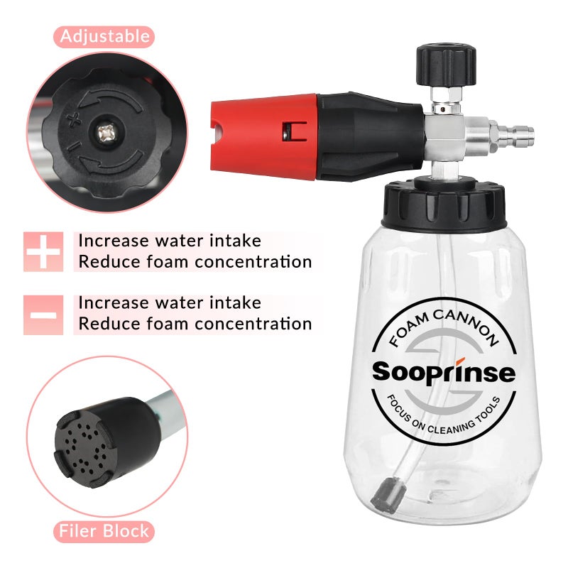 Sooprinse Short Pressure Washer Gun with Foam Cannon, Foam Cannon for Pressure Washer, 1/4 Inch Quick Connector, 5 Nozzle Tips with Car Wash Mitt, 1 Liter - Image 5