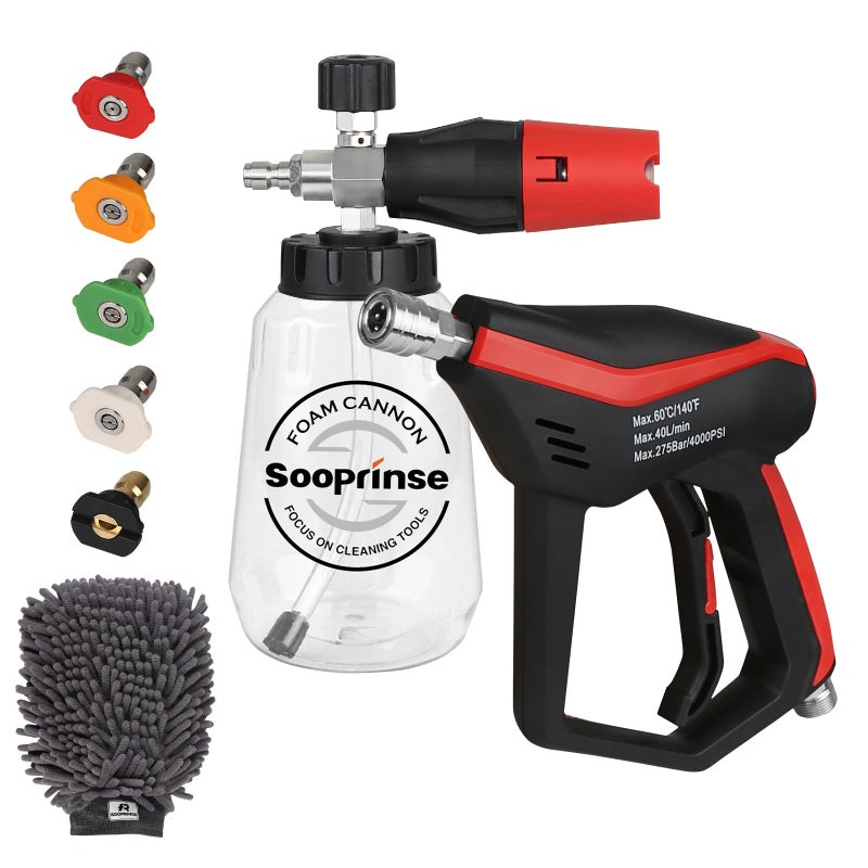 Sooprinse Short Pressure Washer Gun with Foam Cannon, Foam Cannon for Pressure Washer, 1/4 Inch Quick Connector, 5 Nozzle Tips with Car Wash Mitt, 1 Liter - Image 1