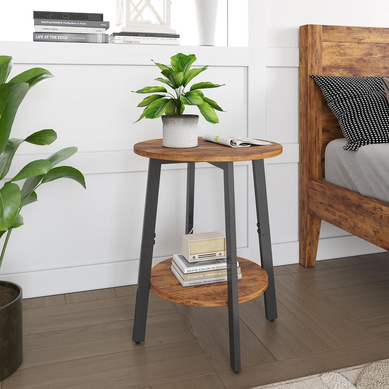 sthmec Side Table Set of 2, Small Round End Table with Storage Shelf for Small Space, 2-Tier Bedside Table Sofa Couch Table, Nighstands Set of 2 Accent Table for Living Room, Bedroom, Rustic Brown - Image 2