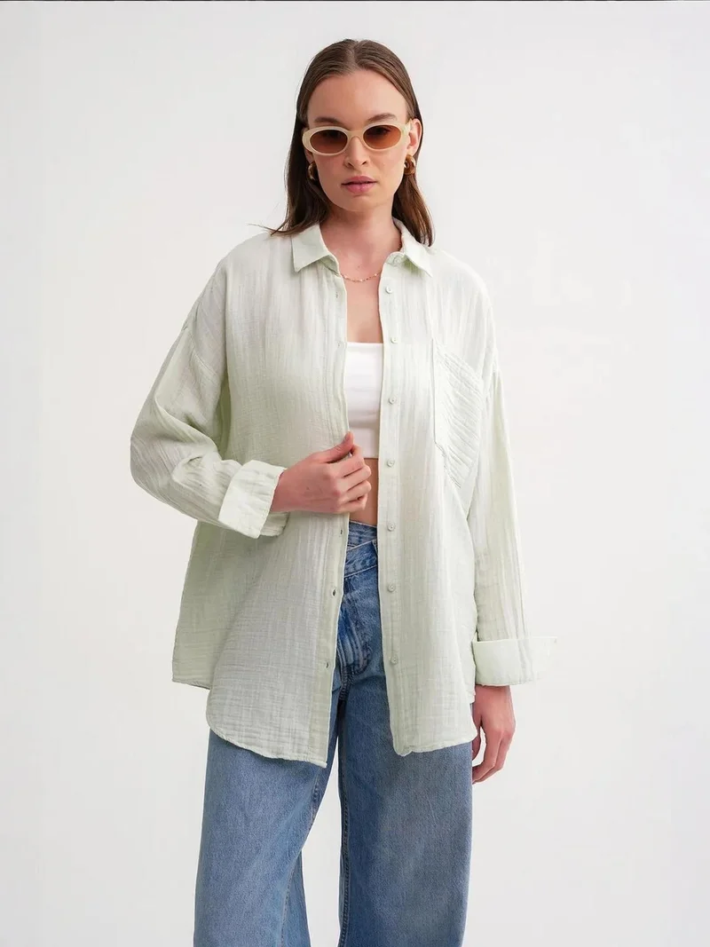 MixRay Pine Green Mixray Oversize Shirt with Pocket Detail for Women | Best Price UAE