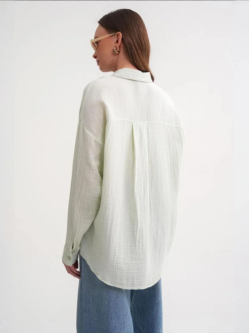 MixRay Pine Green Mixray Oversize Shirt with Pocket Detail for Women | Best Price UAE