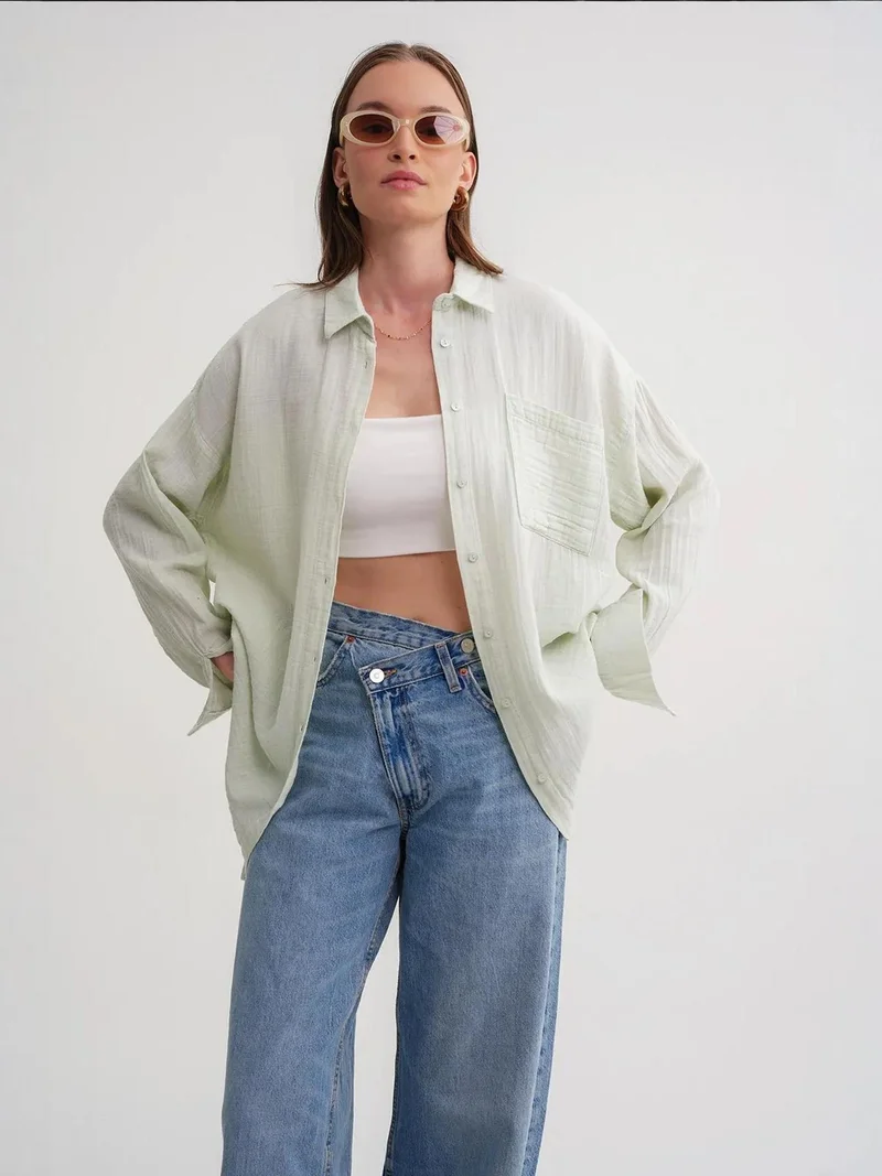 MixRay Pine Green Mixray Oversize Shirt with Pocket Detail for Women | Best Price UAE