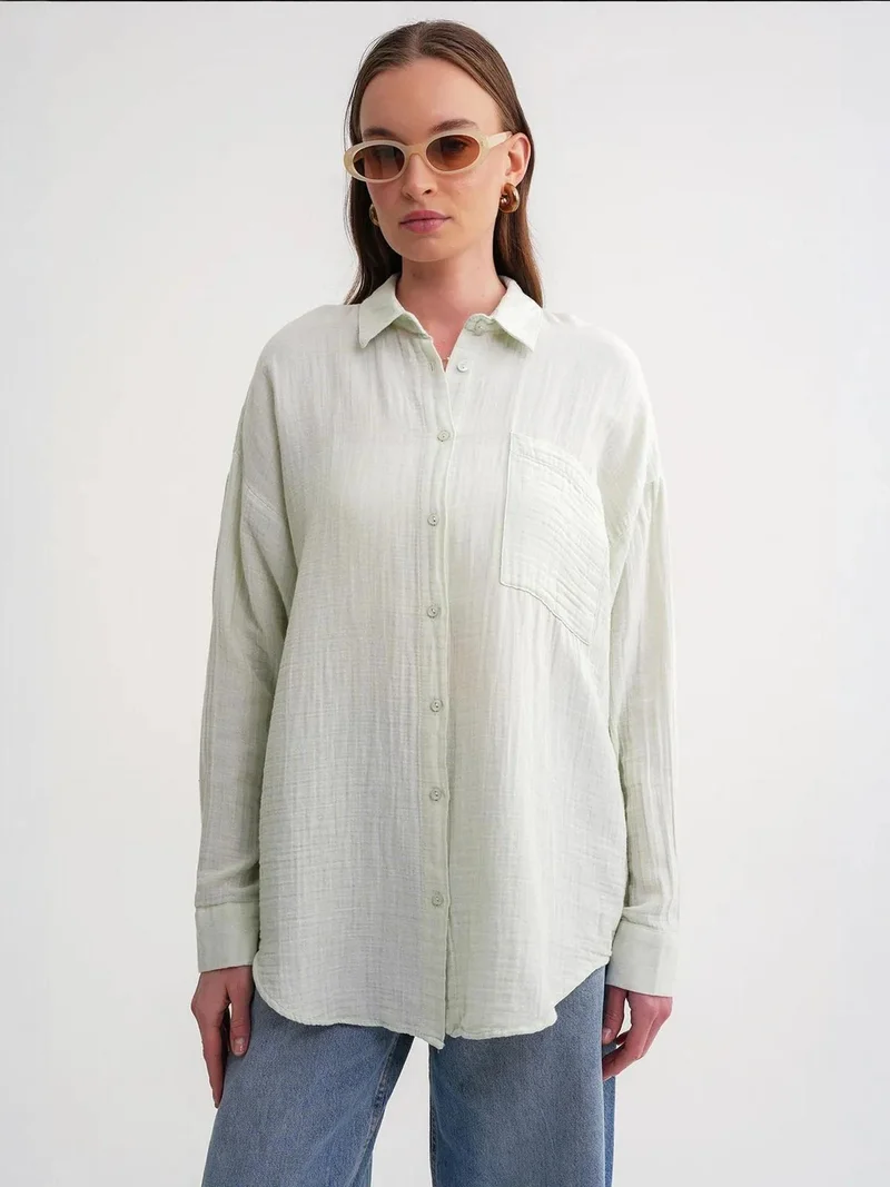 MixRay Pine Green Mixray Oversize Shirt with Pocket Detail for Women | Best Price UAE