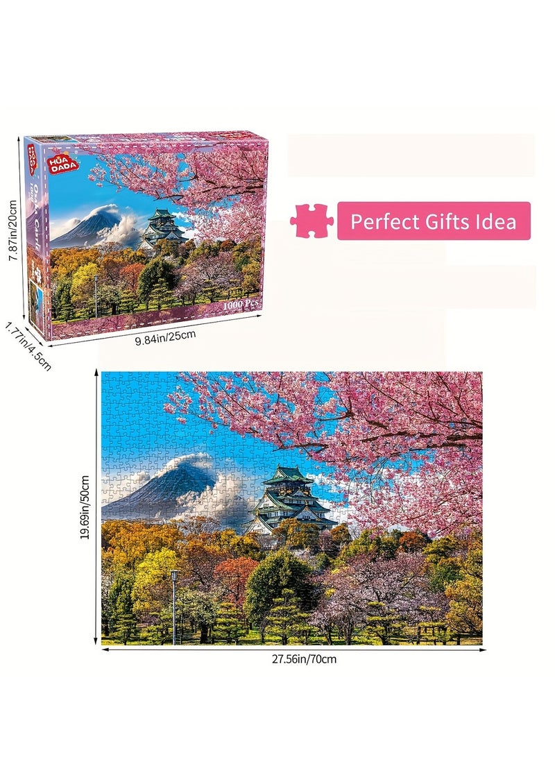 1000 Piece Adult Cherry Blossom Puzzle: Osaka Castle, Japan - Jigsaw Puzzles for Home Decoration  - Image 1