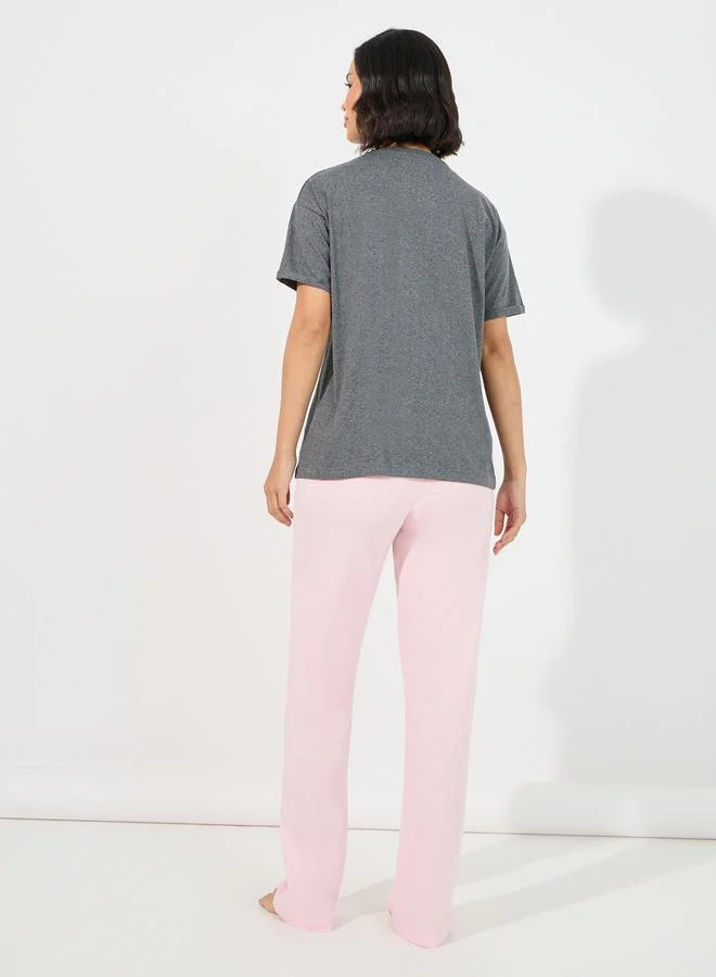 Styli Sunshine LA Print Dropped Shoulder T-Shirt & Pyjama Set