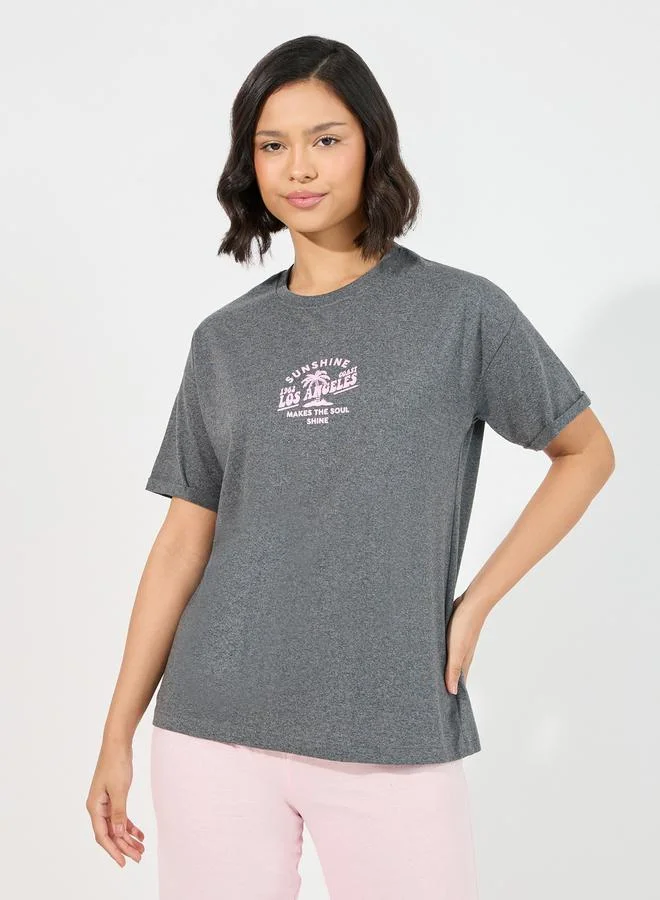 Styli Sunshine LA Print Dropped Shoulder T-Shirt & Pyjama Set