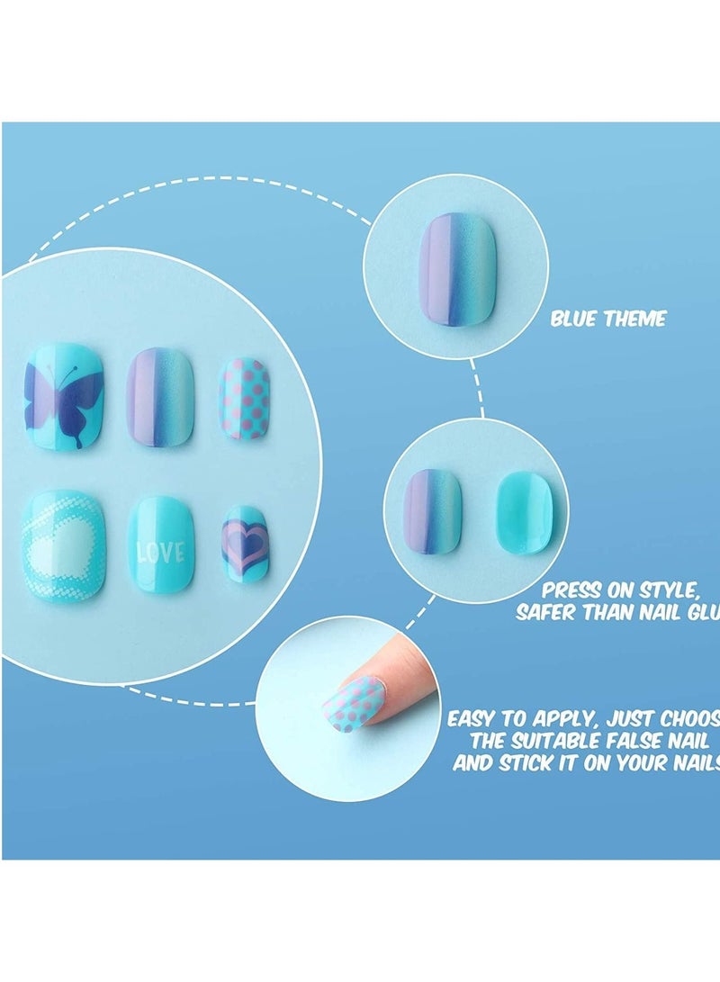 Captaintech Kids Press on Nails Children,120 Pieces Fake Artificial Tips Girls Full Cover Short False Fingernails for Art Decoration, Cute Pre Glue Full Acrylic (Blue Color) - Image 5