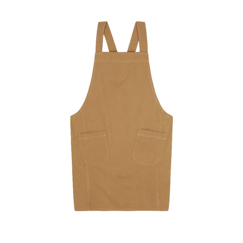FADUOFA Cotton Linen Cross Back Apron with Pockets for Women without Waist Tie for Gardening Painting Cleaning Cooking(Ginger Yellow) - Image 1