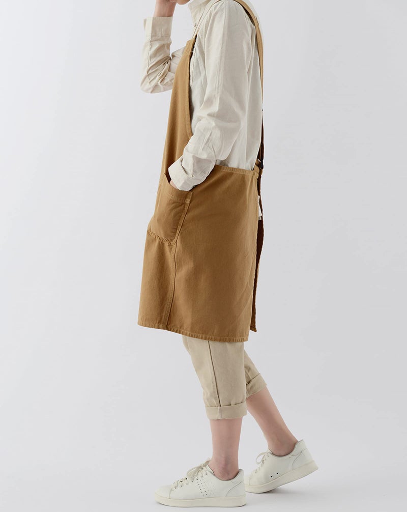FADUOFA Cotton Linen Cross Back Apron with Pockets for Women without Waist Tie for Gardening Painting Cleaning Cooking(Ginger Yellow) - Image 3