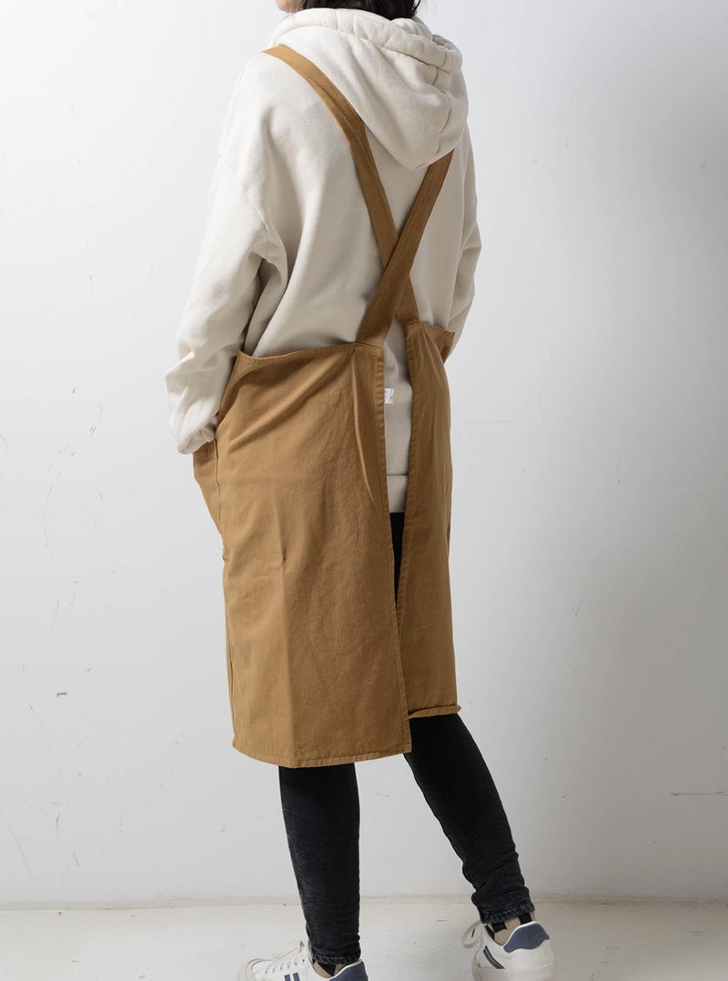 FADUOFA Cotton Linen Cross Back Apron with Pockets for Women without Waist Tie for Gardening Painting Cleaning Cooking(Ginger Yellow) - Image 2