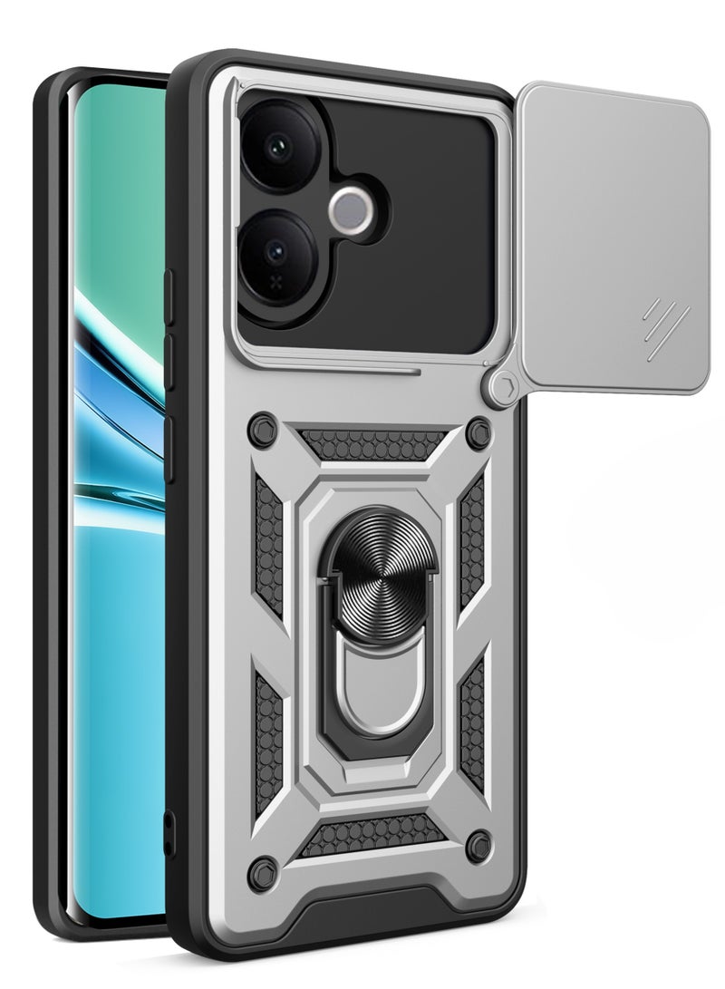 Shunjia Sliding Window Case, Shockproof Rugged Armor with Sliding Camera Cover & 360° Ring Kickstand, Compatible with VIVO V60 Lite 4G (Silver) - Image 1