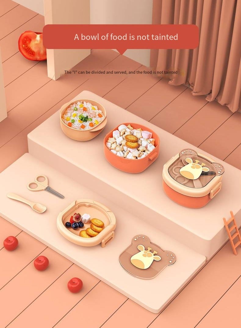 أطفال الهوغوز أدوات المائدة الخاصة بالأطفال صندوق الغداء إناء الطعام المحمول الغطاء مجموعة المقص ملعقة الإناء متعدد القطع مجموعة الطعام مع وظيفة التجليخ سهولة تنظيف درجة الحرارة القابلة للضبط (برتقالي) - Image 4